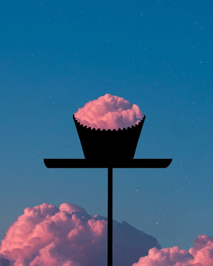 Silhouette photography of a cupcake-shaped cloud against a twilight sky.