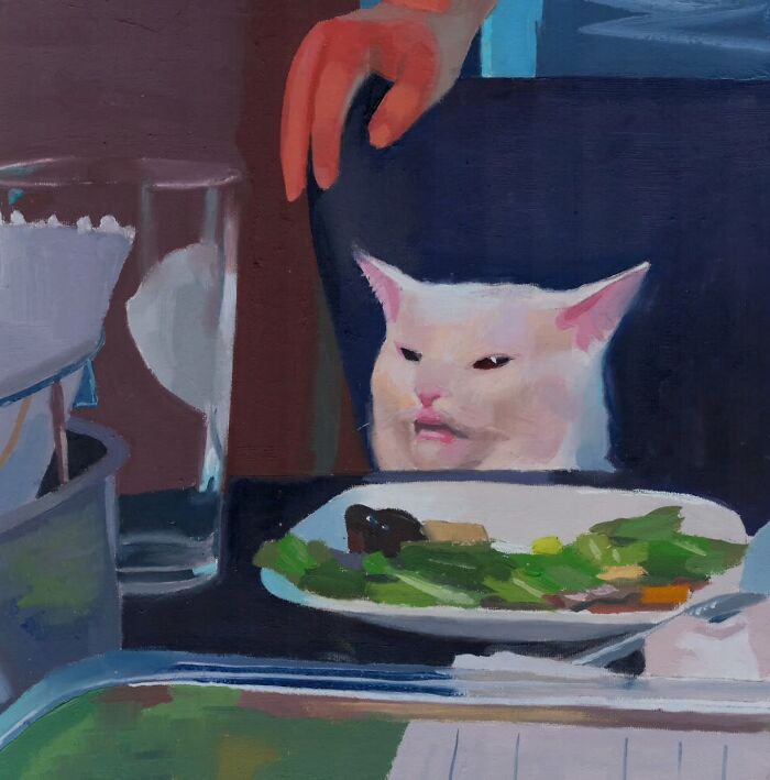 Painting of a cat at a dinner table, inspired by popular culture and memes, by Daniel Arthur.