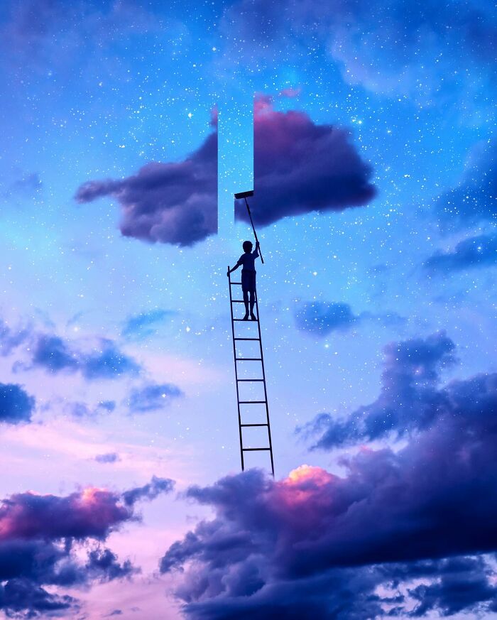 Person on ladder painting sky, a surreal digital artwork blending fantasy and reality by Ted Chin.