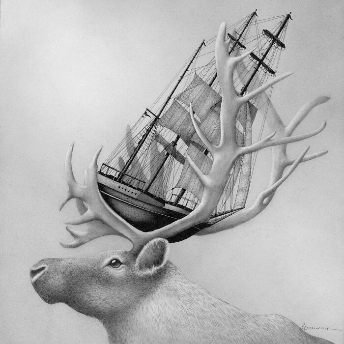 Reindeer with antlers cradling a ship, an ocean and nature-inspired illustration by Juliet Schreckinger.