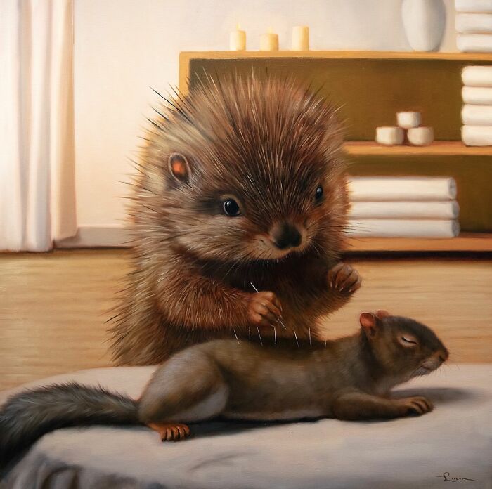 Funny animal painting of a porcupine giving a massage to a squirrel in a cozy setting.