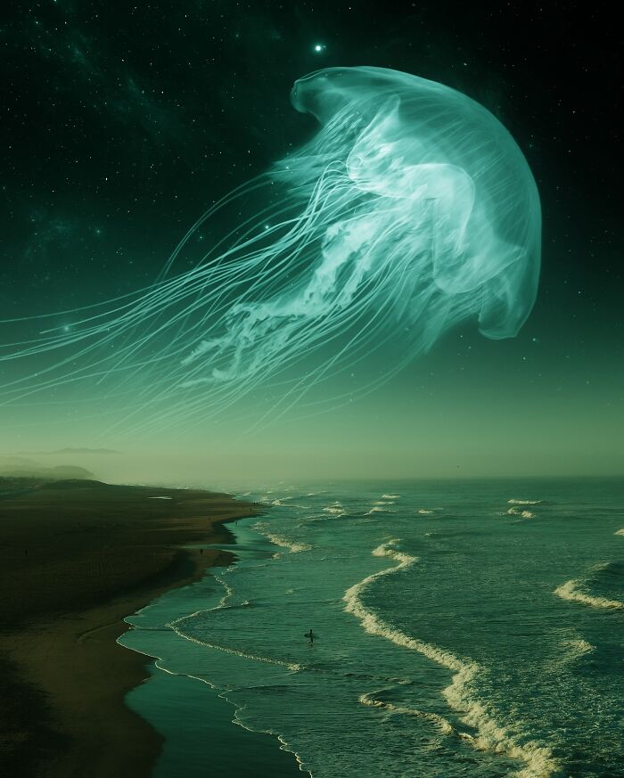 Surreal digital artwork of a giant jellyfish floating over a serene beach, blending fantasy and reality.