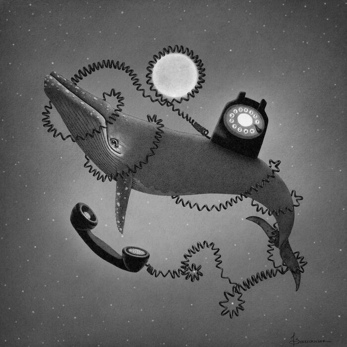 Ocean-themed illustration by Juliet Schreckinger featuring a whale entwined with a vintage telephone.