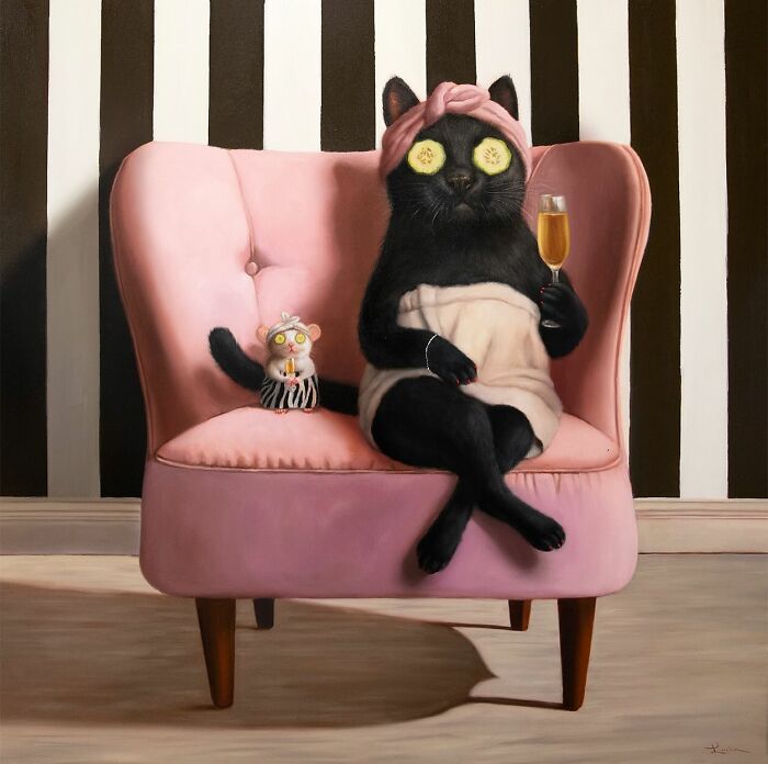 Black cat in spa robe with cucumber slices and champagne, humorous animal painting by Lucia Heffernan.
