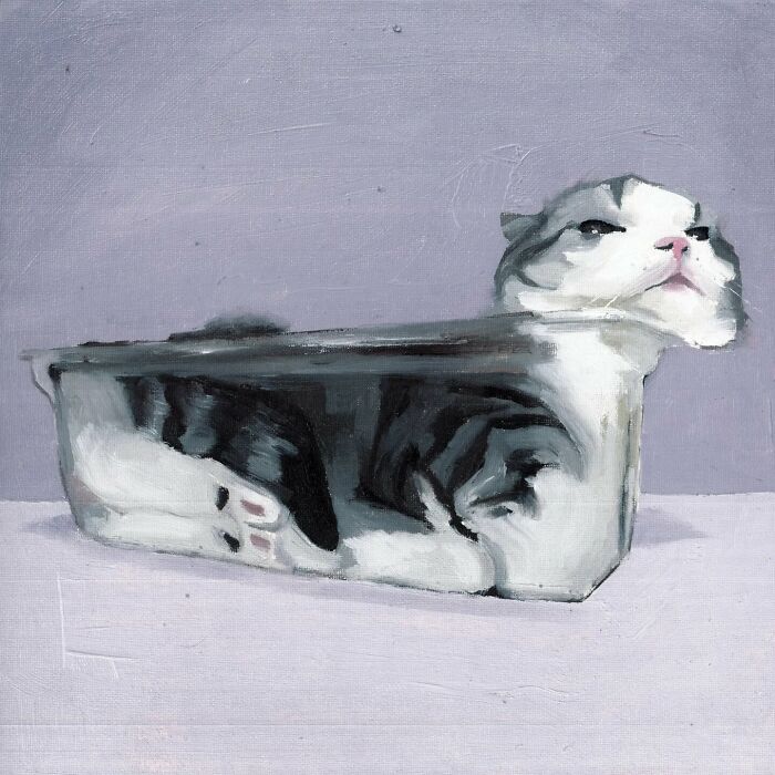 Painting of a cat in a glass box, inspired by memes and popular culture.