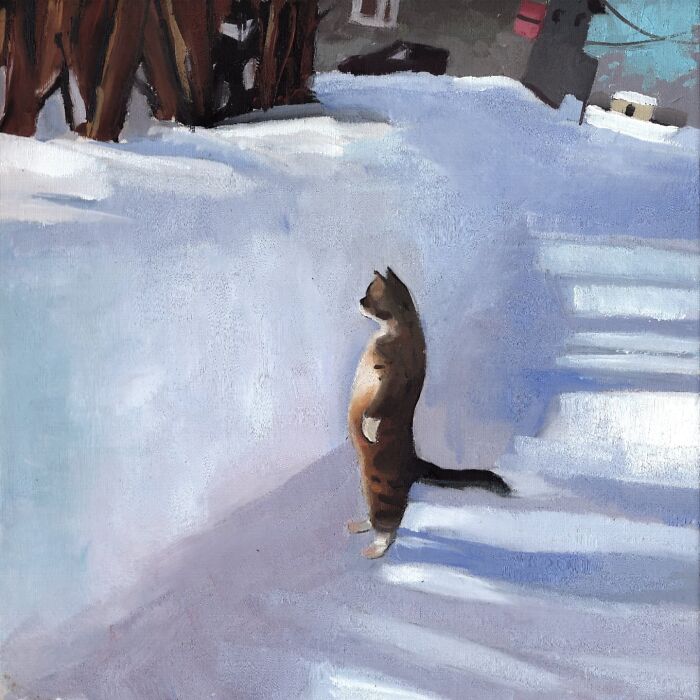 A cat stands upright in snow, painted by Daniel Arthur, inspired by memes and popular culture.