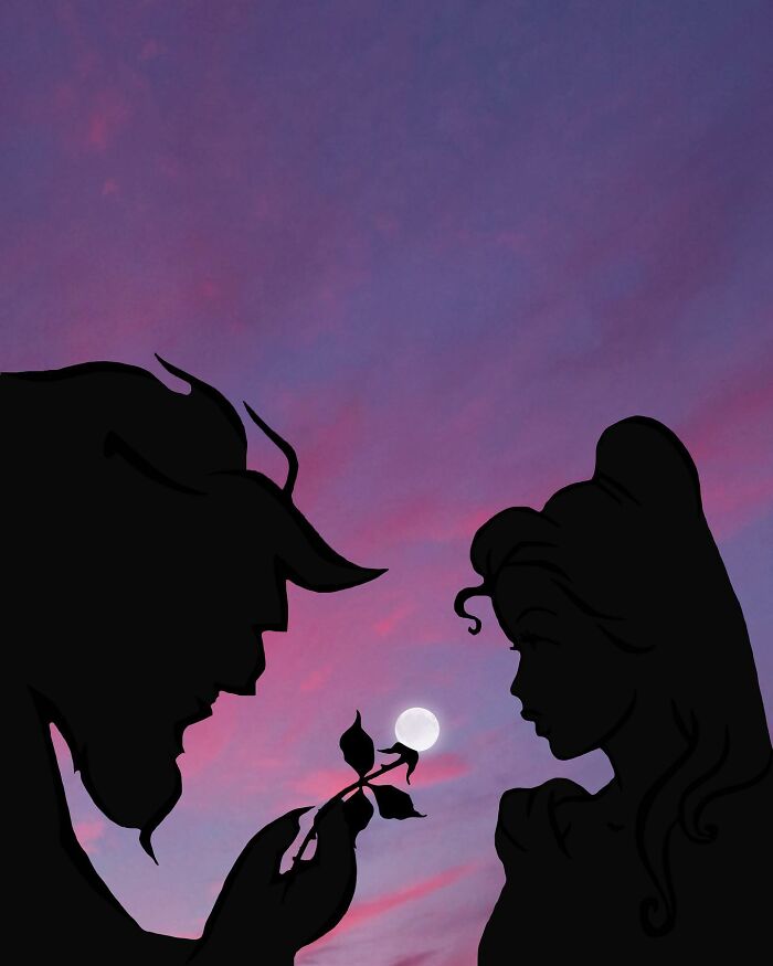 Silhouette of two characters with a rose at sunset, showcasing Lân Nguyen's photography style.