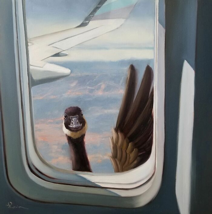 Funny animal painting of a goose peeking through an airplane window by Lucia Heffernan.