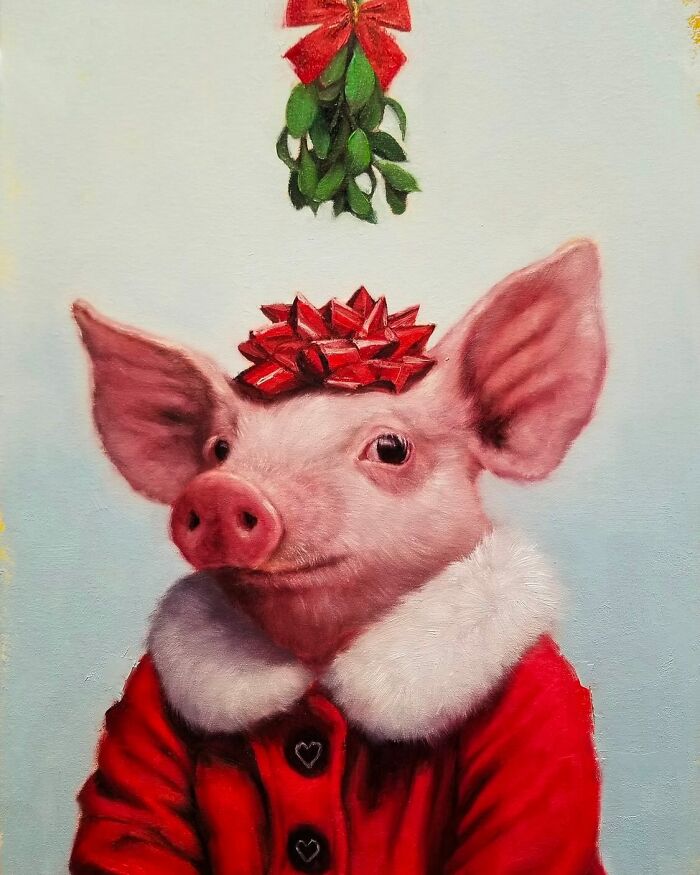 Charming animal painting of a pig in a Santa outfit with a red bow on its head under mistletoe.