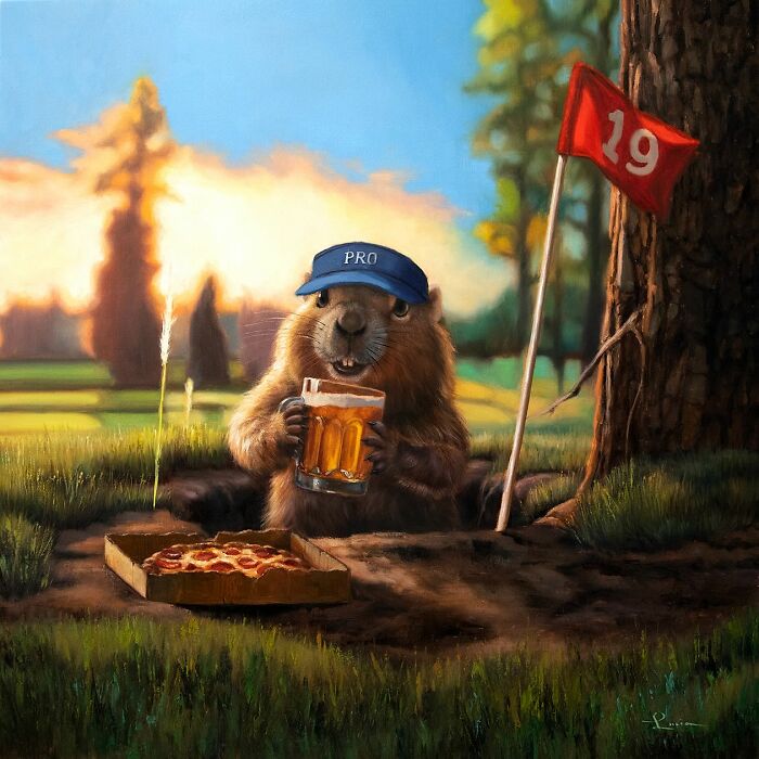 A charming animal painting by Lucia Heffernan of a groundhog with beer and pizza next to a golf course flag.