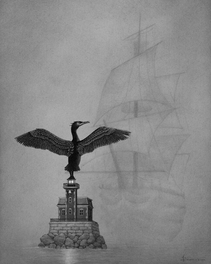 Ocean and nature-inspired illustration of a bird on a lighthouse with a faded ship in the background.