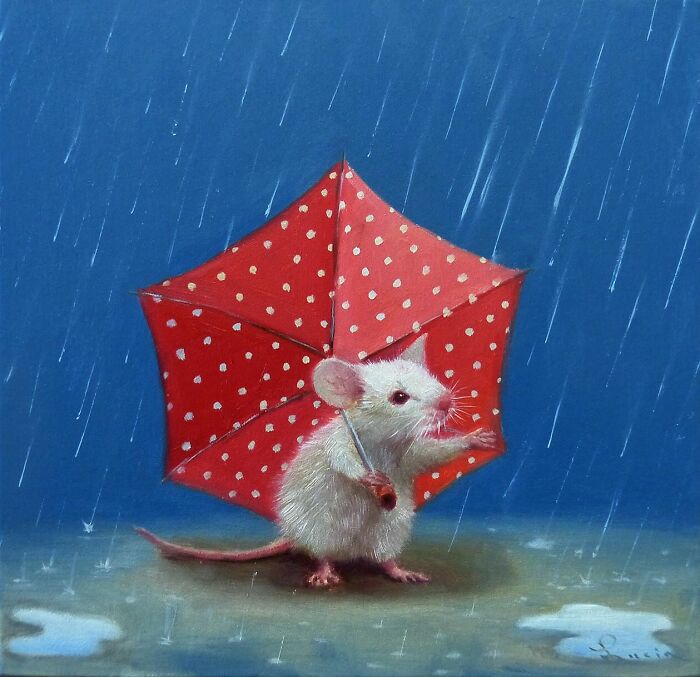 Cute animal painting of a mouse sheltering under a red polka dot umbrella in the rain.