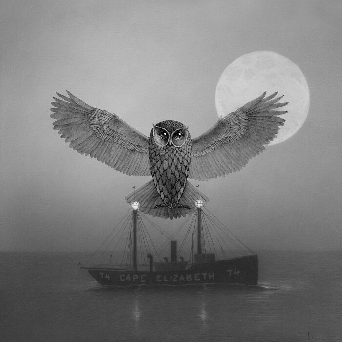 Owl with outstretched wings over ocean-themed ship, moonlit background.