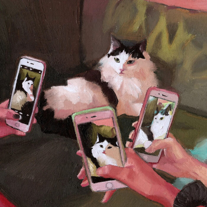 Painting of a cat being photographed with phones, inspired by memes and popular culture.