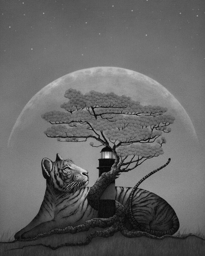 Tiger wrapped around a lighthouse, under a tree and full moon, capturing ocean and nature-inspired illustration themes.