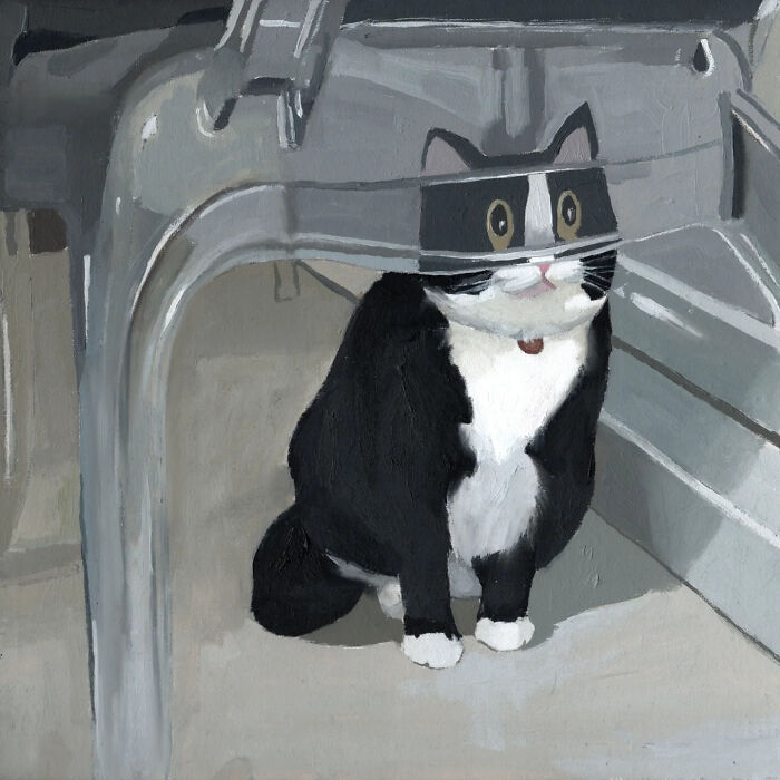 Painting of a black and white cat under a chair, inspired by memes and popular culture.