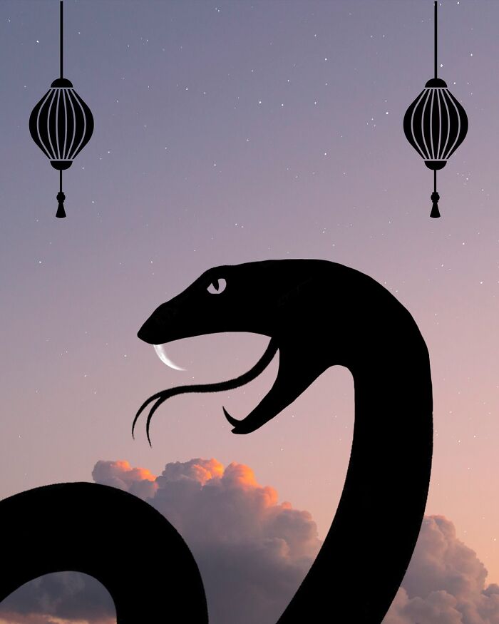 Silhouette of a snake with an open mouth against a twilight sky, with lanterns hanging above.