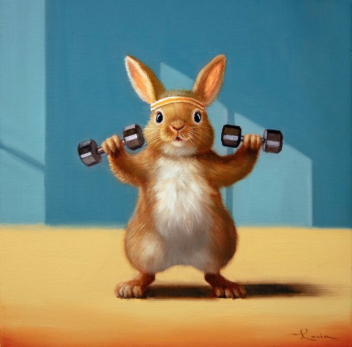 Funny animal painting of a rabbit wearing a headband and lifting dumbbells by Lucia Heffernan.