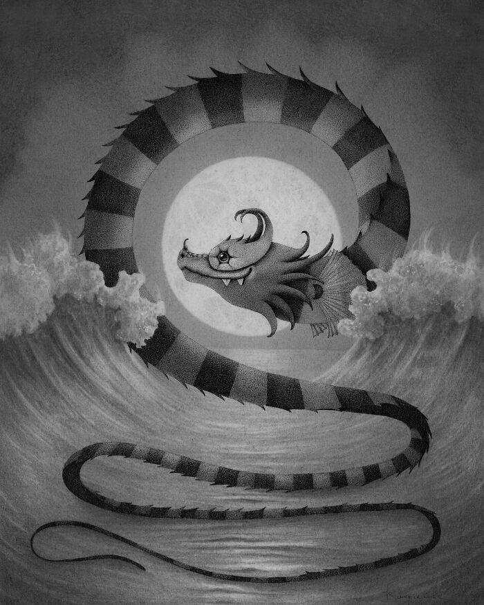 Ocean-inspired illustration featuring a serpent-like creature with a striped tail amid crashing waves.