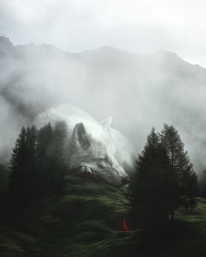 Surreal digital artwork of a giant white wolf blending with misty mountains and trees, with a figure in red walking below.