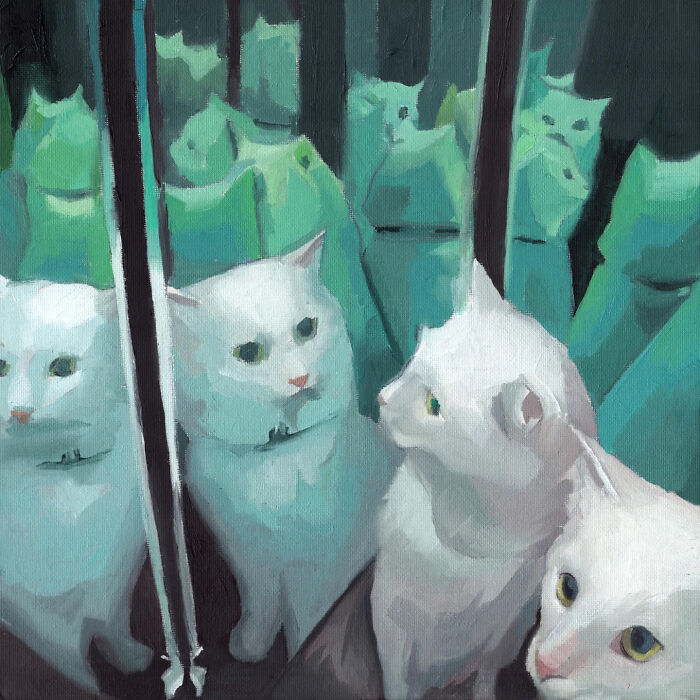 White cat reflected in mirrors, inspired by memes, in a painting by Daniel Arthur.