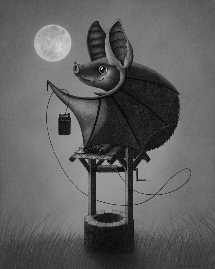 A whimsical illustration of a bat at a well under the moon, inspired by nature.