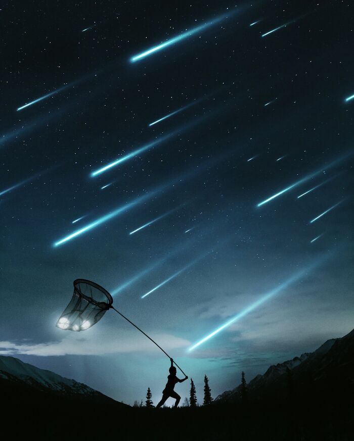 Person catching shooting stars with a net under a starry sky, blending fantasy and reality in surreal digital art.