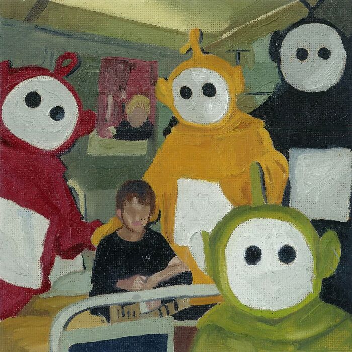 Colorful painting of cartoon characters and a person in a room, inspired by memes and popular culture.