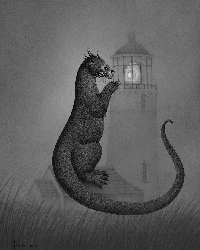 Illustration of an otter in front of a lighthouse, blending ocean and nature elements in monochrome.