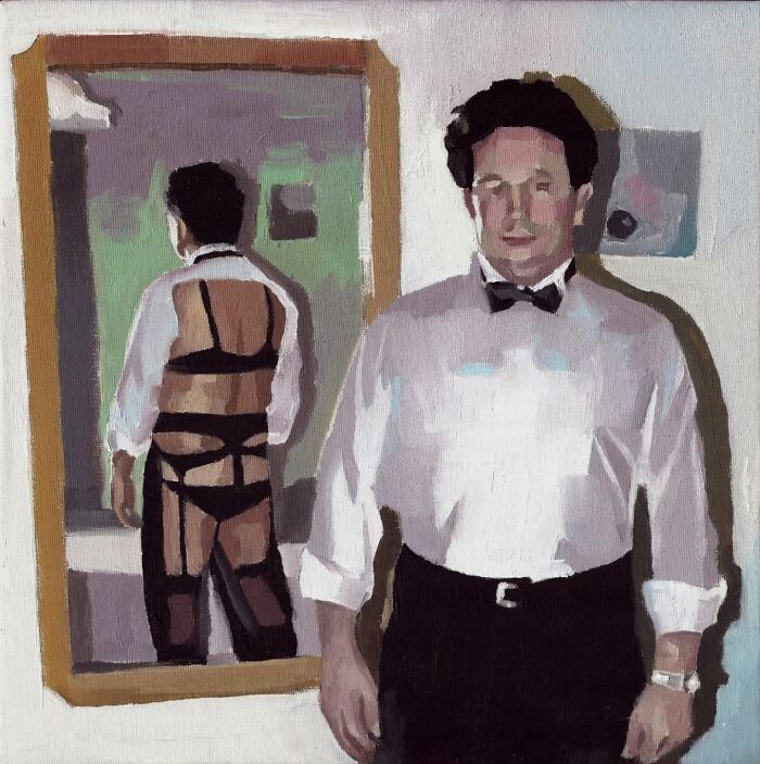 Painting by Daniel Arthur depicting a man in formal wear, with a humorous twist reflecting popular culture themes.