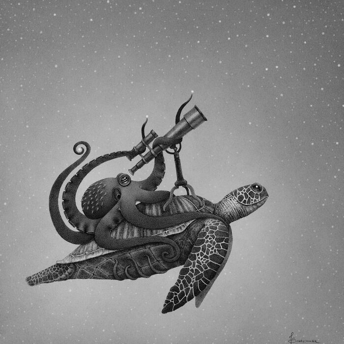 Octopus with telescope on turtle's back, representing ocean and nature-inspired illustration.