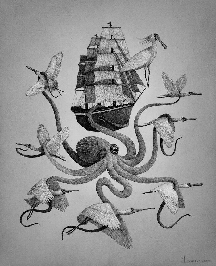 Ocean-inspired illustration featuring an octopus, a sailing ship, and birds in a surreal design by Juliet Schreckinger.