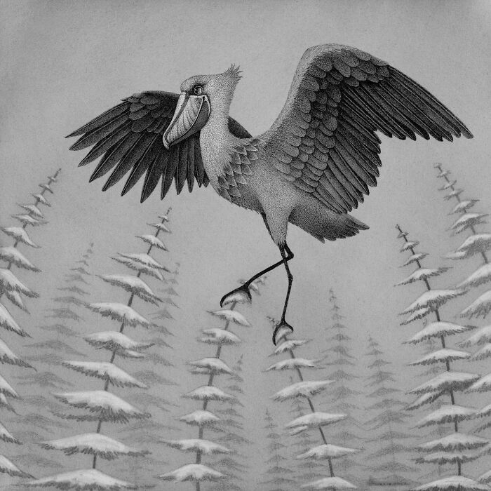 A bird with wide wings in a forest, part of ocean and nature-inspired illustrations.