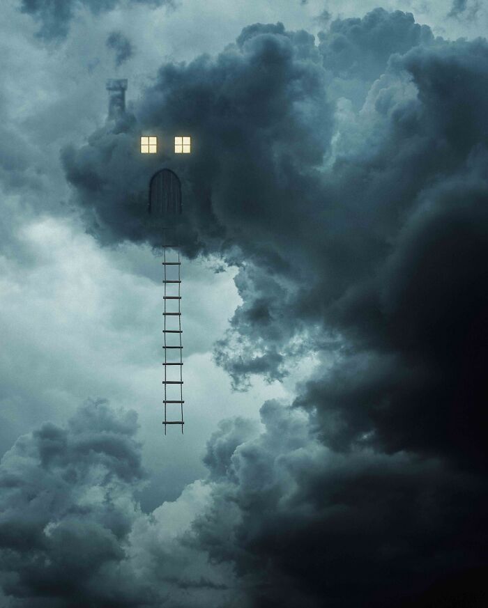 Surreal digital artwork by Ted Chin featuring a cloud with glowing windows and a ladder extending down.