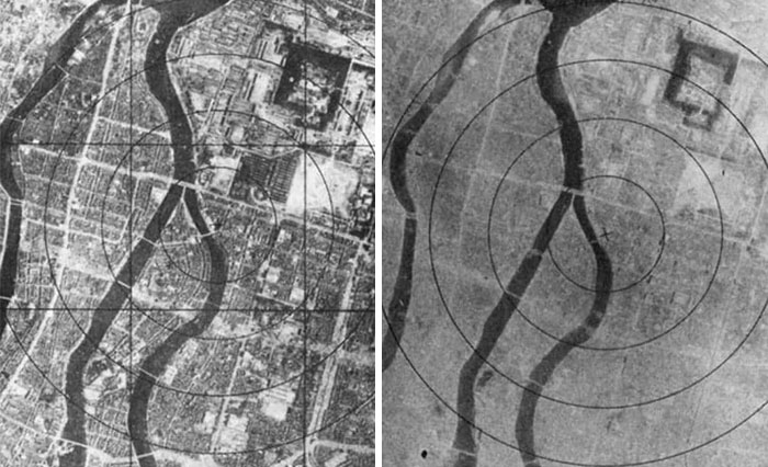 Aerial maps showcasing target circles; associated with creepy photos and their dark histories.