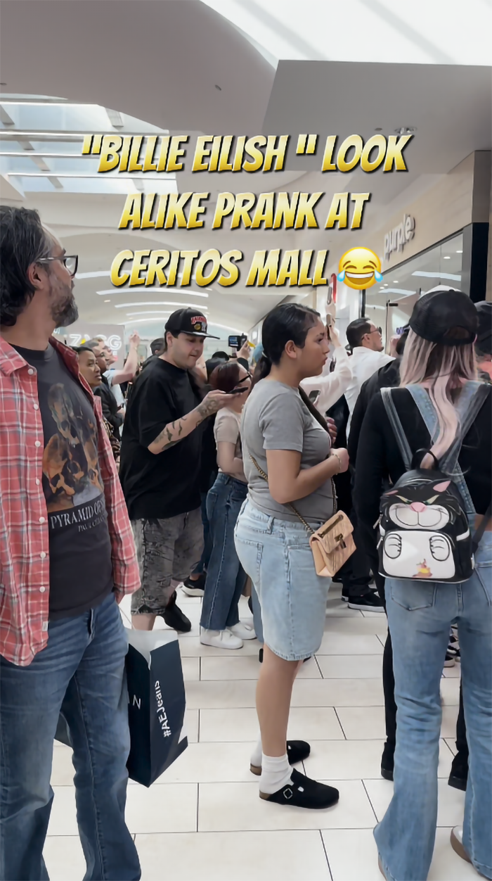 Crowd at mall reacts to Billie Eilish look-alike prank, capturing attention and creating excitement.