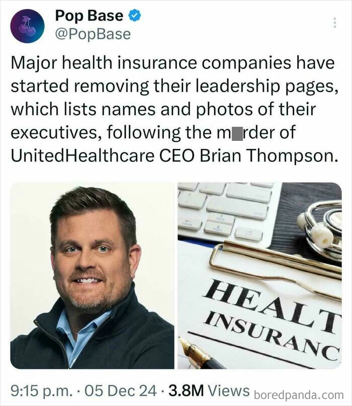Health insurance execs remove leadership pages after CEO's m****r, sparking facepalm moments about global issues.