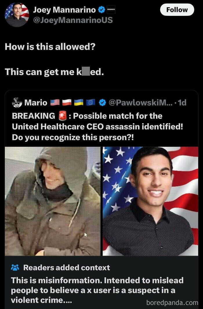 Social media post highlighting misinformation with two photos and warning text.