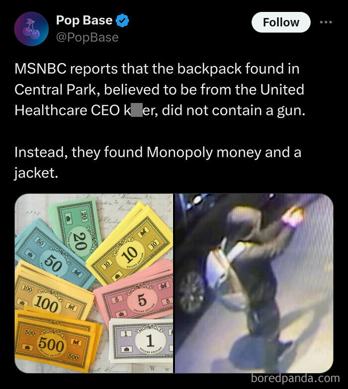 Monopoly money found in a backpack linked to a CEO case, instead of a weapon.