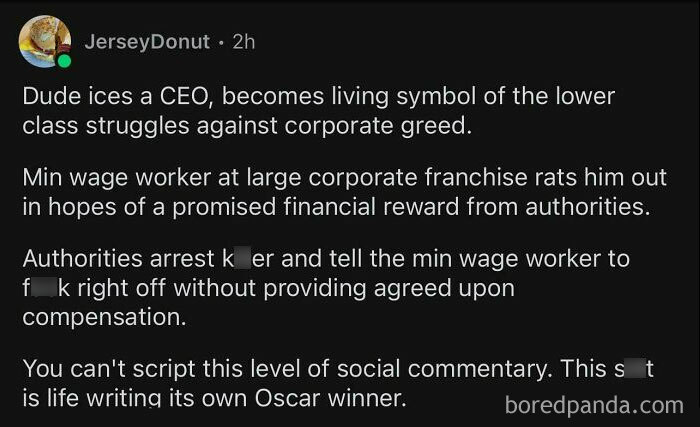 Text post highlighting a moment that comments on social issues and corporate greed.