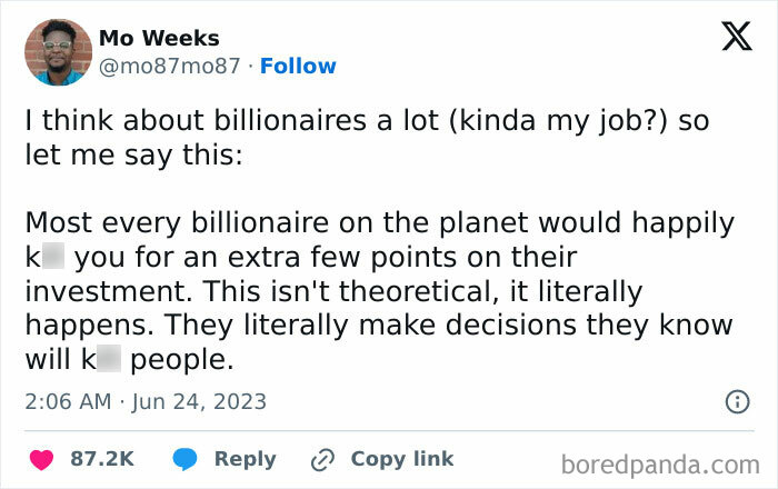 Tweet criticizing billionaires' decisions and impact, highlighting societal issues.