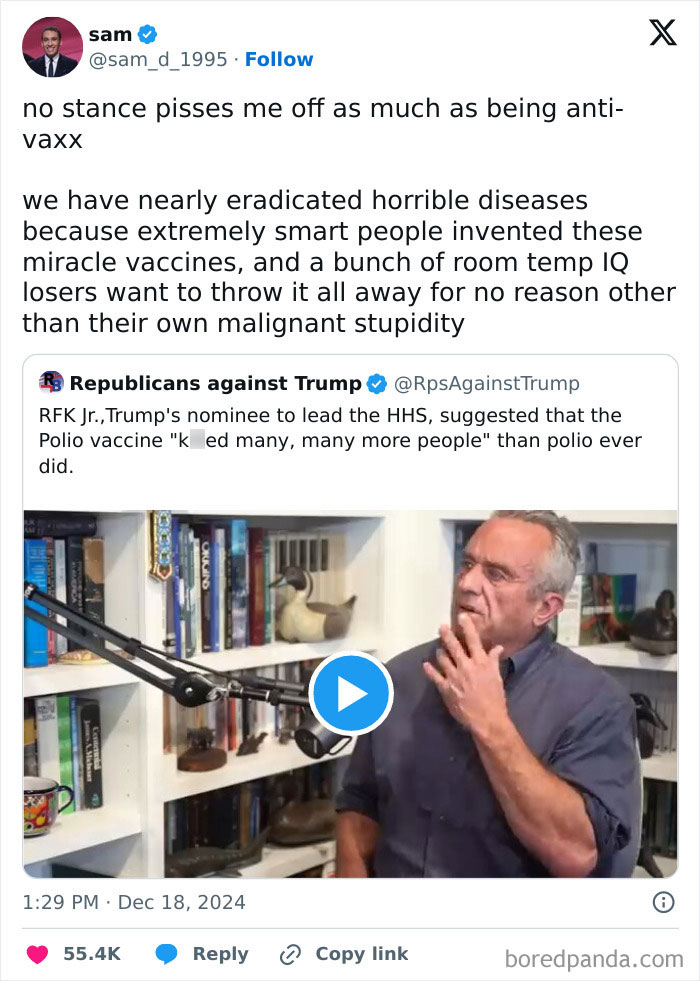Tweet criticizing anti-vax stance, highlighting issues with vaccine misinformation, featuring a man in a recording setting.