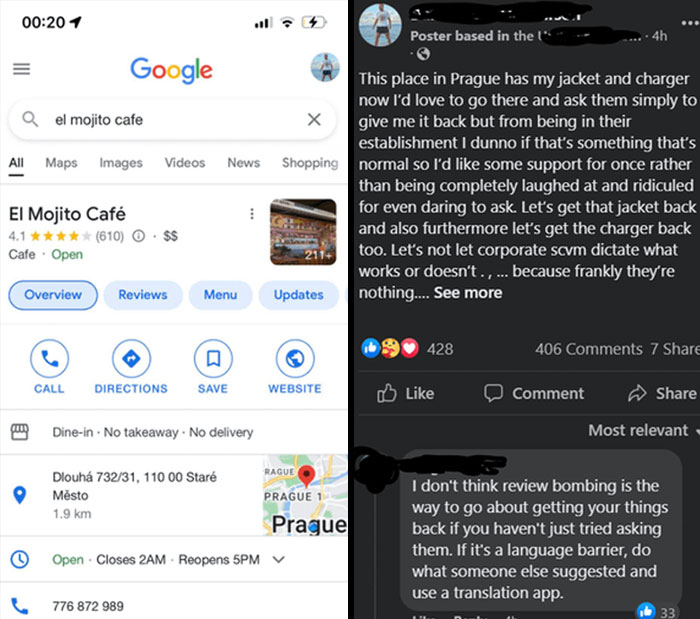 Influencers complain on social media about a Prague café while planning retaliatory review bombing for poor service.