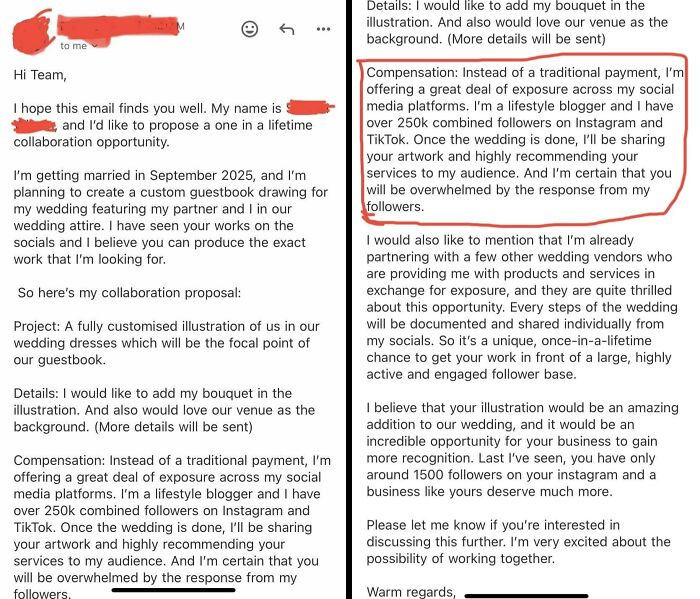 Email from a lifestyle blogger proposing exposure as payment for a wedding illustration, highlighting influencers' entitlement.