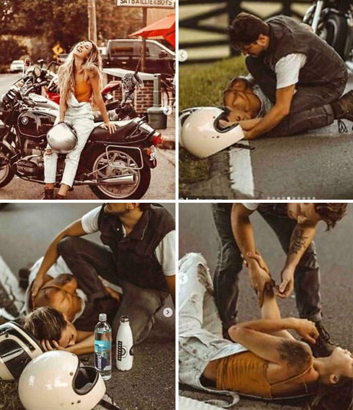 Woman posing with motorcycle; staged accident scene involving influencers by the roadside.