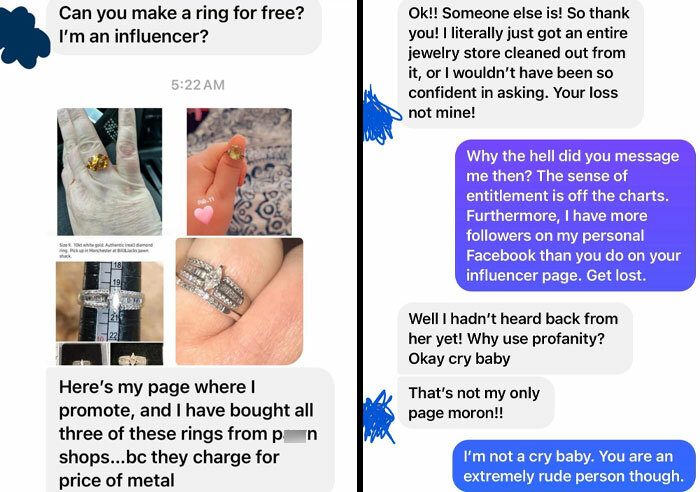 Text conversation highlighting infuriating entitled influencers demanding free jewelry, showcasing rude responses.