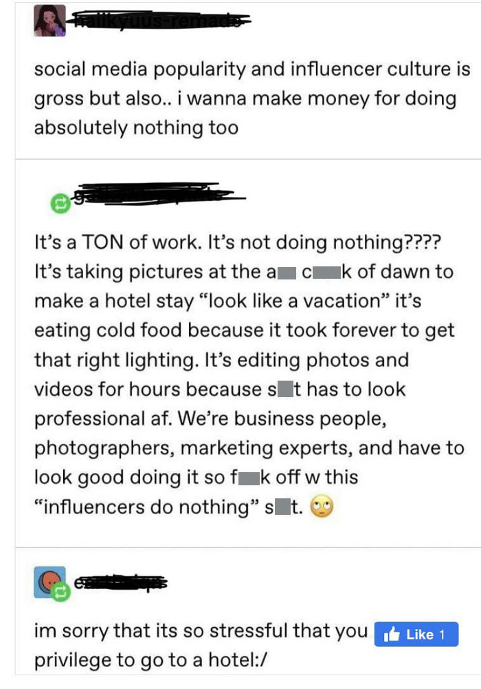 Text conversation about influencer culture, highlighting frustration with entitlement and hard work involved.