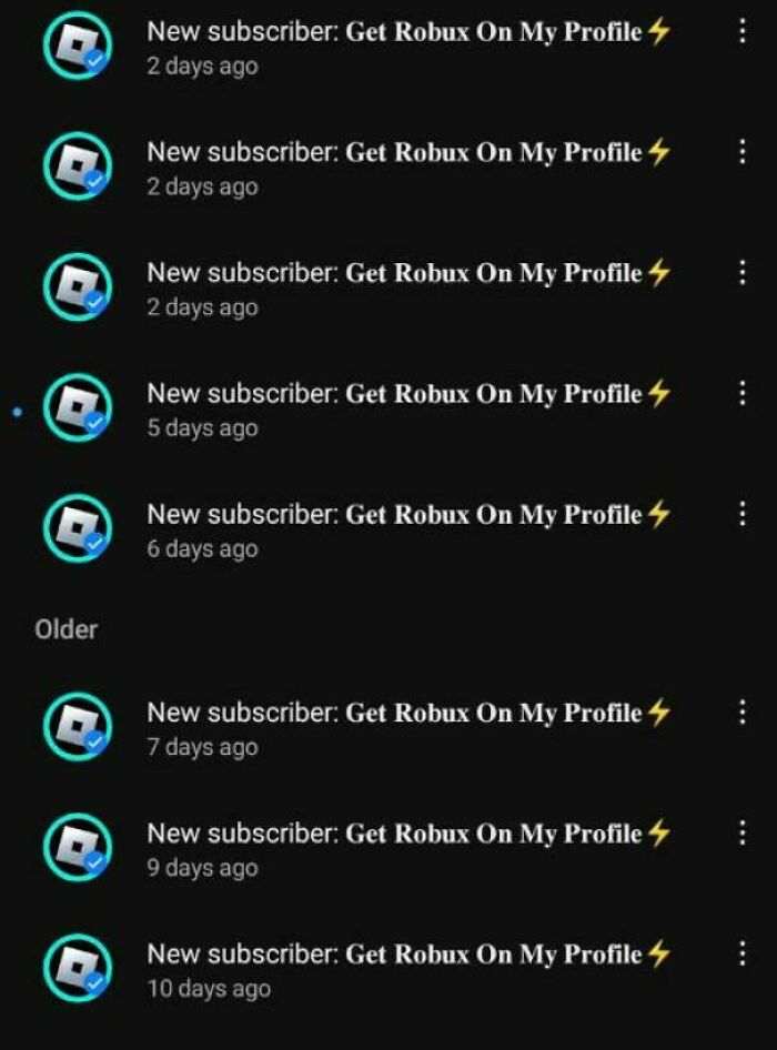 Notifications list showing a scam message about getting Robux, highlighting shameless scams.