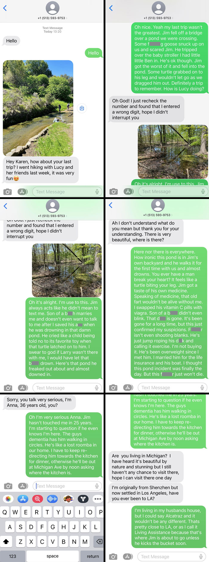 "Text message exchange revealing a shameless scam with humorous and unexpected responses."