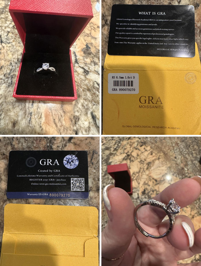 Ring in red box with GRA card, labeled moissanite, may be a scam. Warranty details shown, raising authenticity questions.